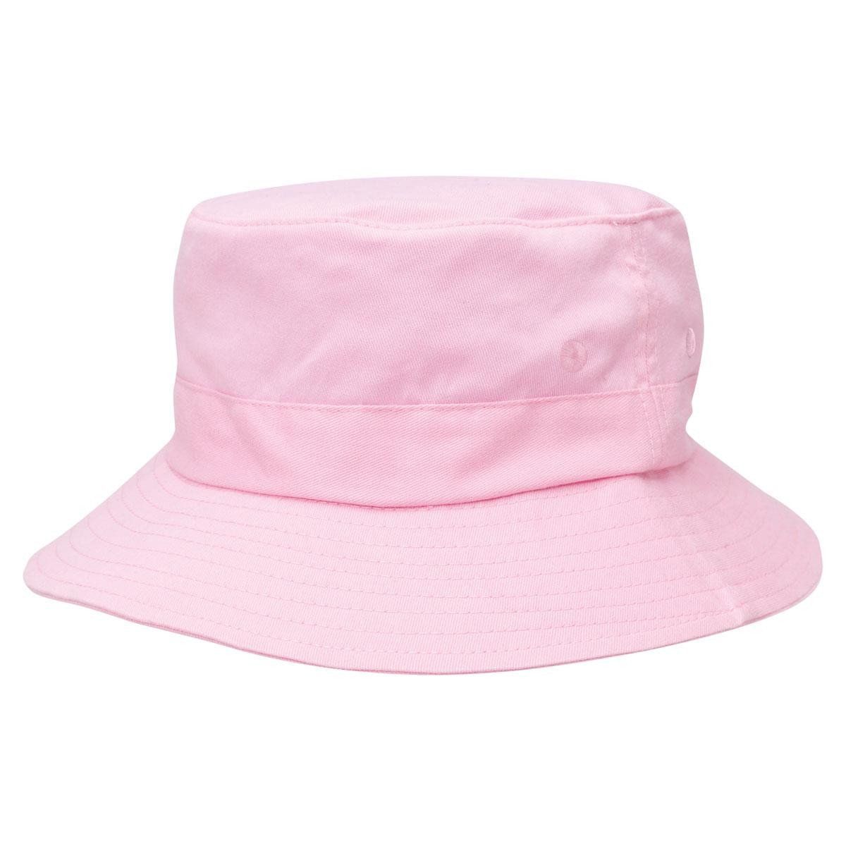 A pink bucket hat is shown on a white background.