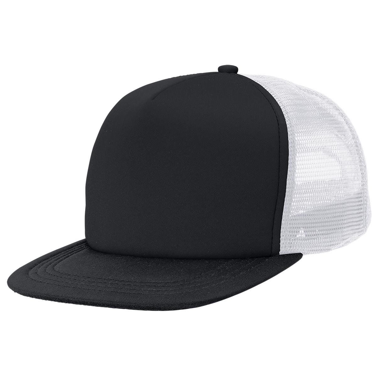 A black and white trucker hat with a mesh back