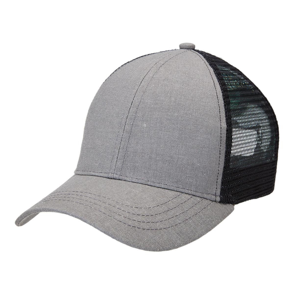 A grey baseball cap with a black mesh back