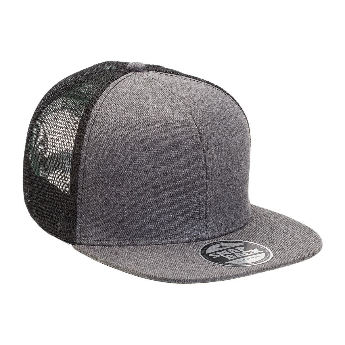 A gray trucker hat with a black mesh back on a white background.