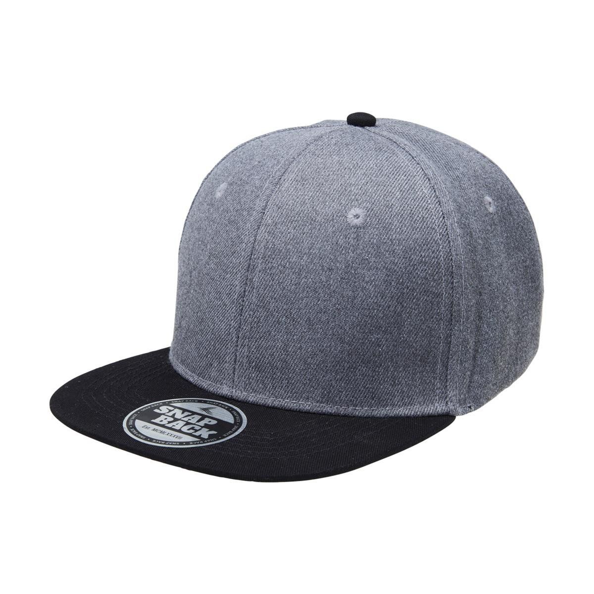 A gray and black baseball cap with a black brim