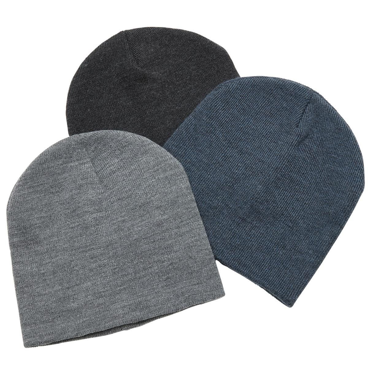Three different colored beanies are stacked on top of each other on a white background.