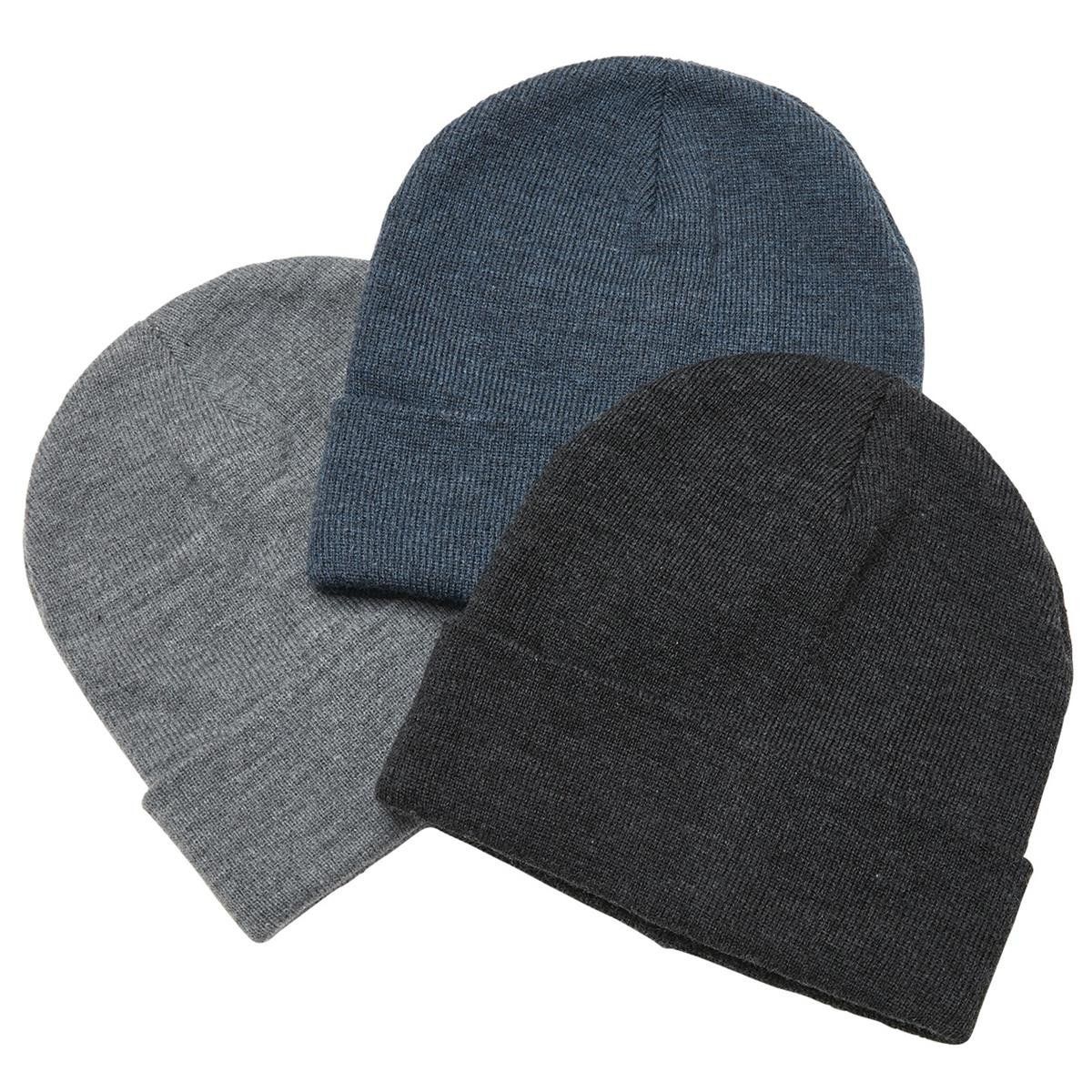 Three different colored beanies are stacked on top of each other