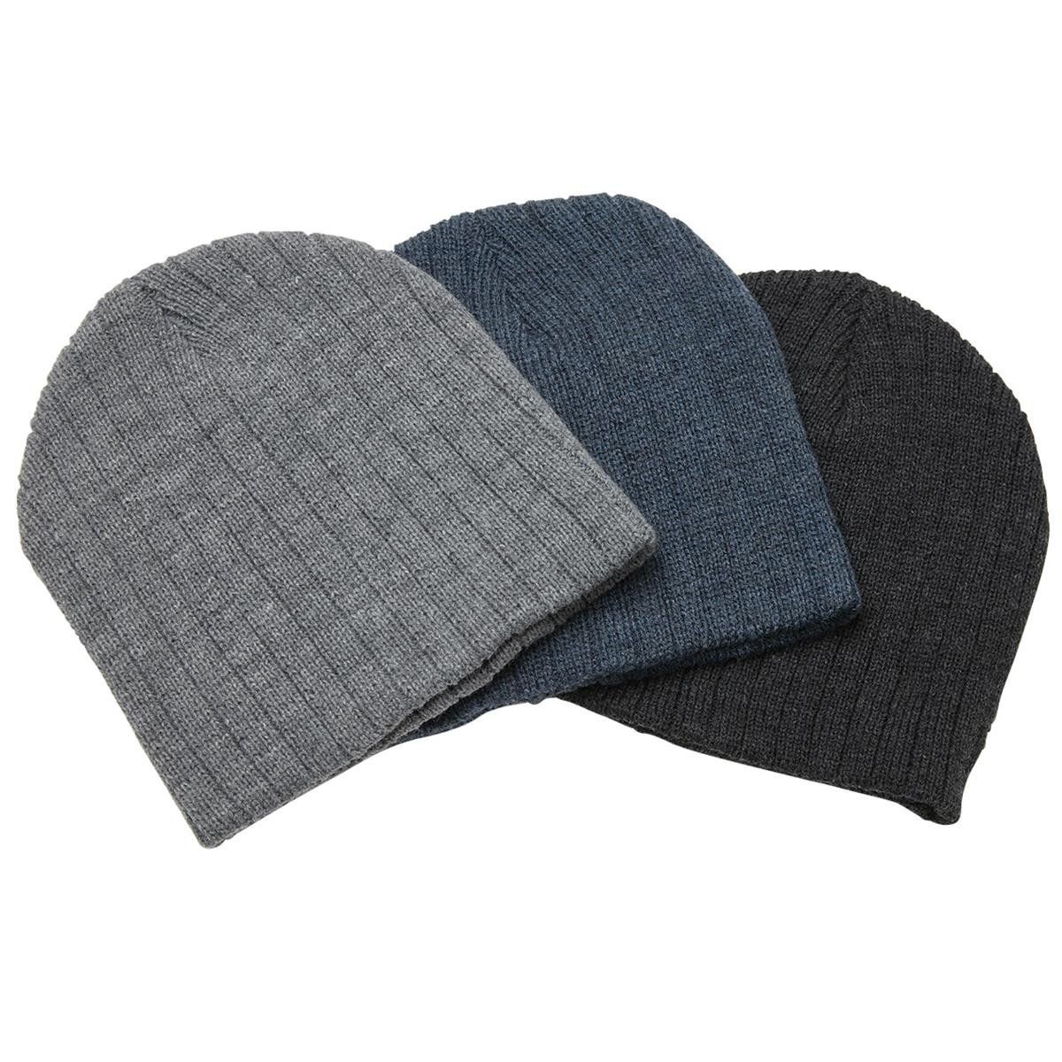 Three different colored beanies are stacked on top of each other on a white background.