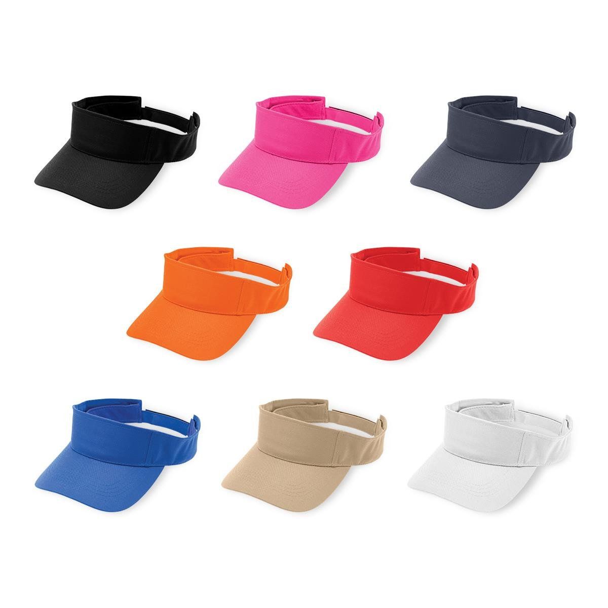 A bunch of different colored visors on a white background