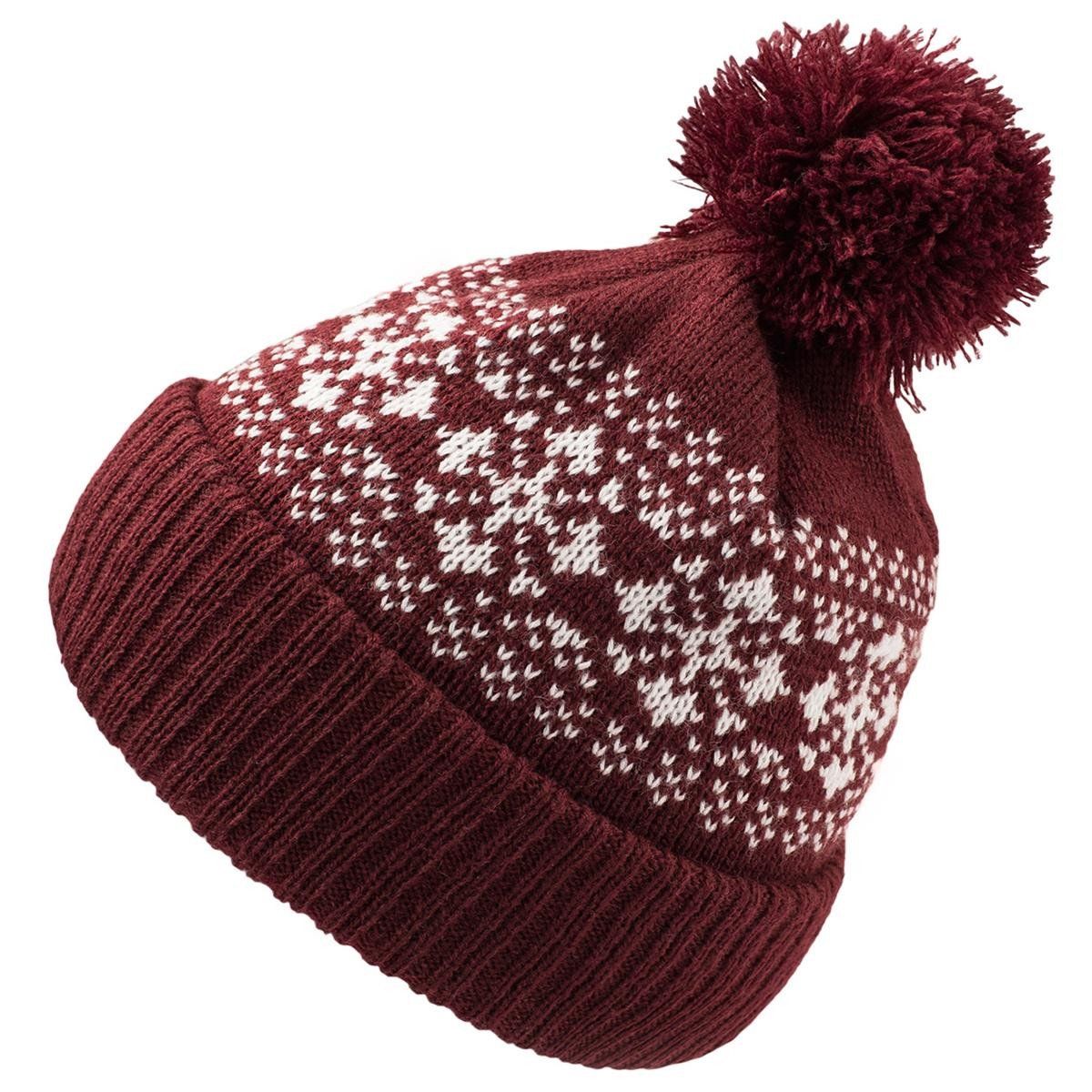 A maroon knitted hat with white snowflakes on it