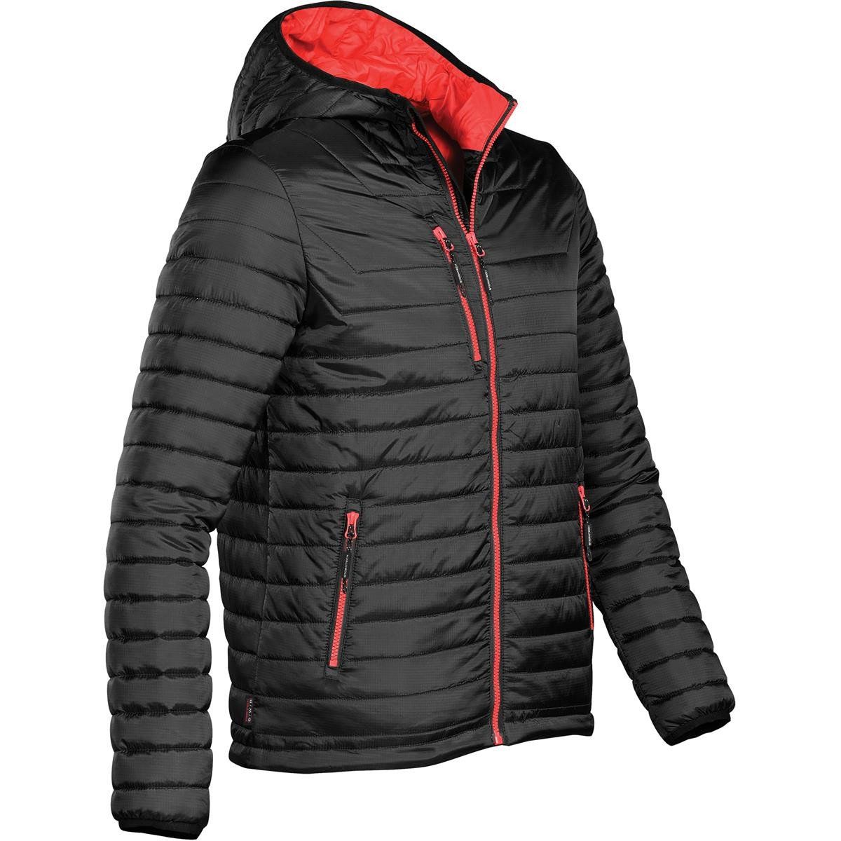 A black padded jacket with a red hood