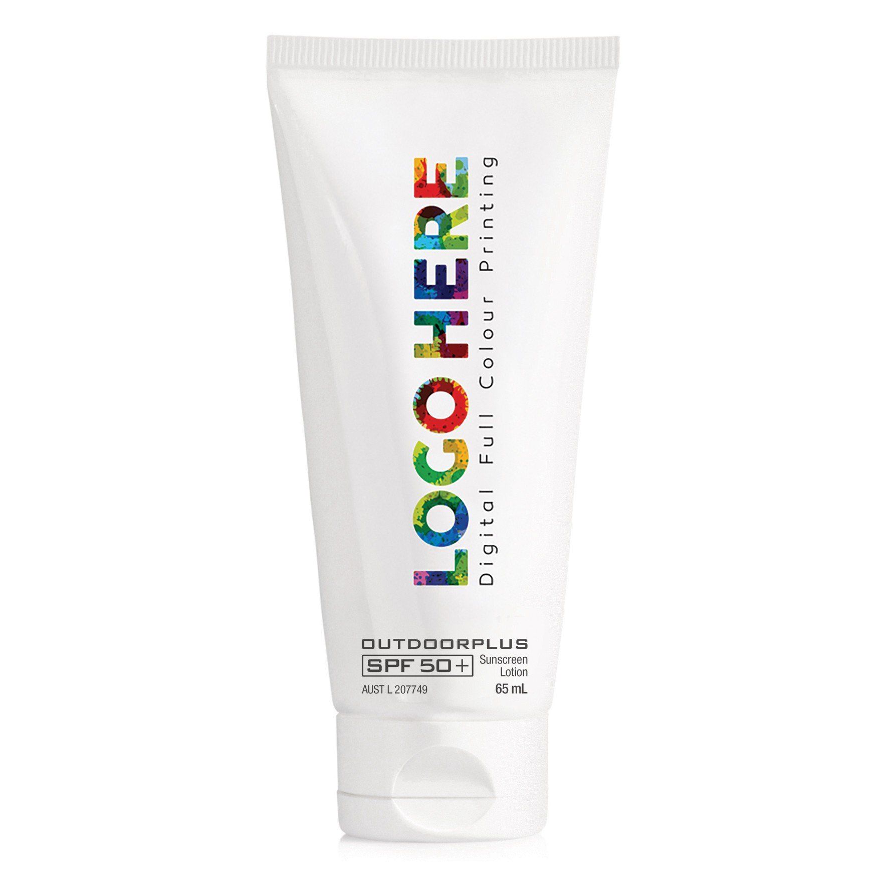 A white tube of sunscreen with a logo on it.