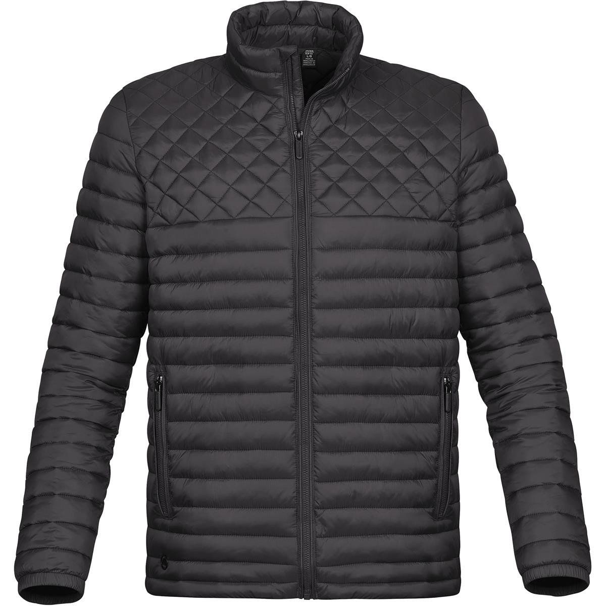 A black jacket with a quilted design on the front