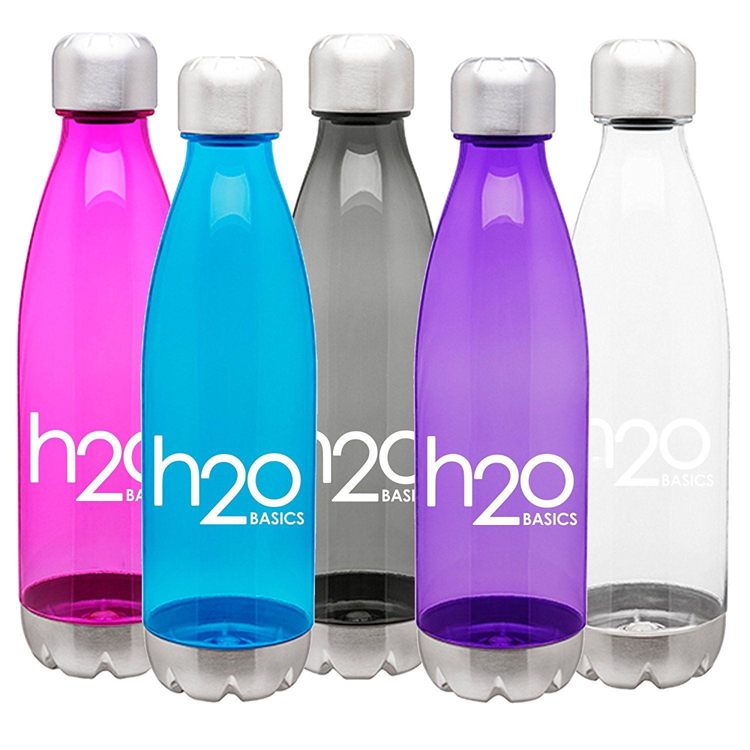 A row of water bottles with h2o basics written on them