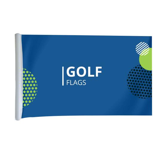 A blue golf flag with a white pole on a white background.