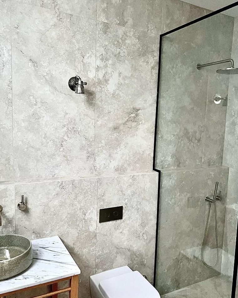 Bathroom With Light Gray Tile Walls — Stark Building & Constructions In Shoalhaven, NSW