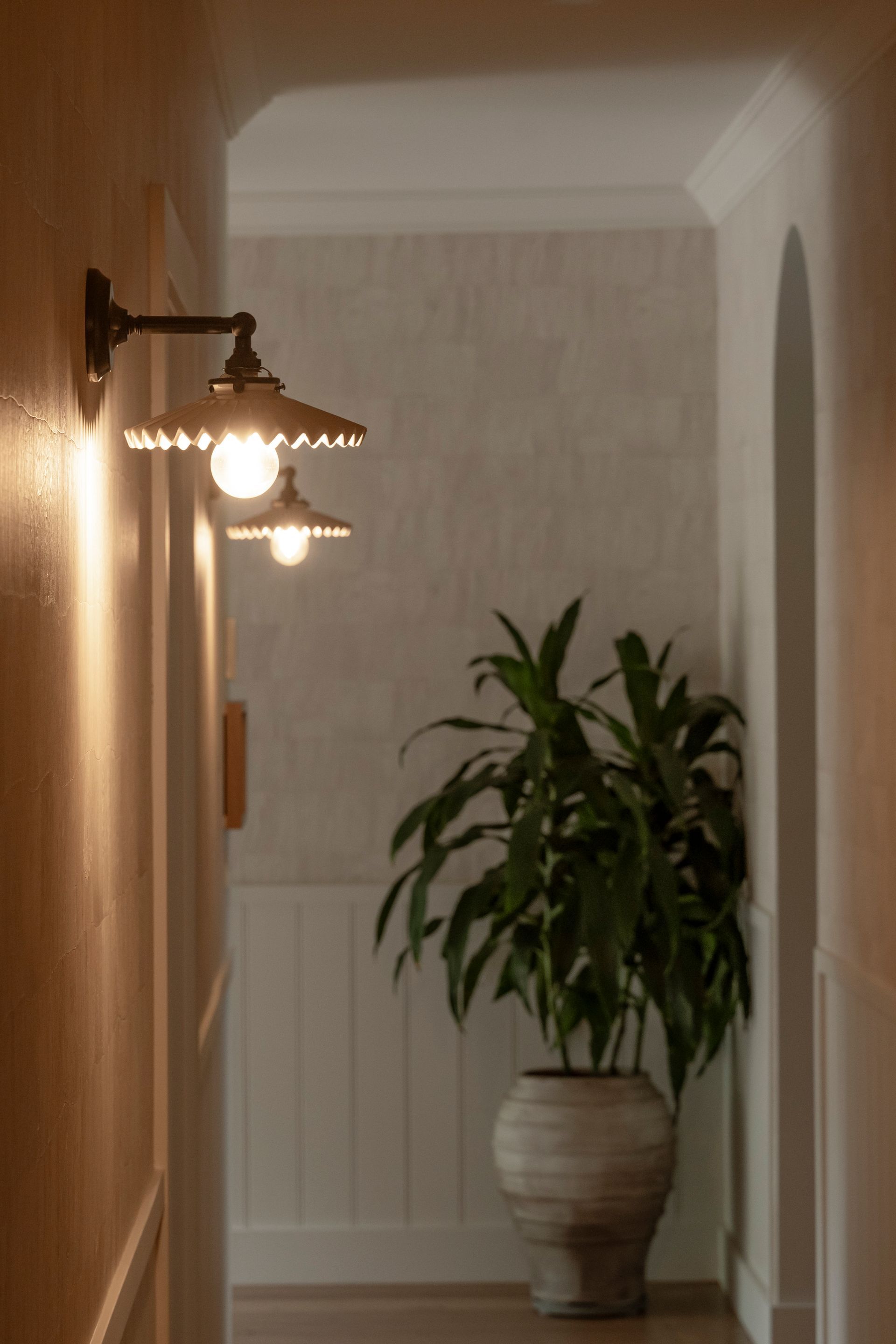 Hallway with vintage-style sconces, neutral walls, potted plant in a textured pot— Stark Building & Constructions In Berry, NSW