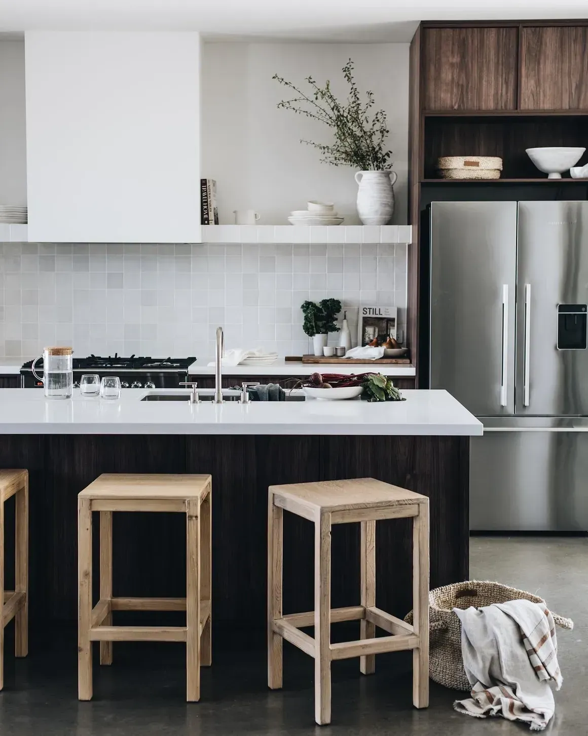 Modern Kitchen With Wooden Cabinets, and Stainless Steel Refrigerator — Stark Building & Constructions In Berry, NSW