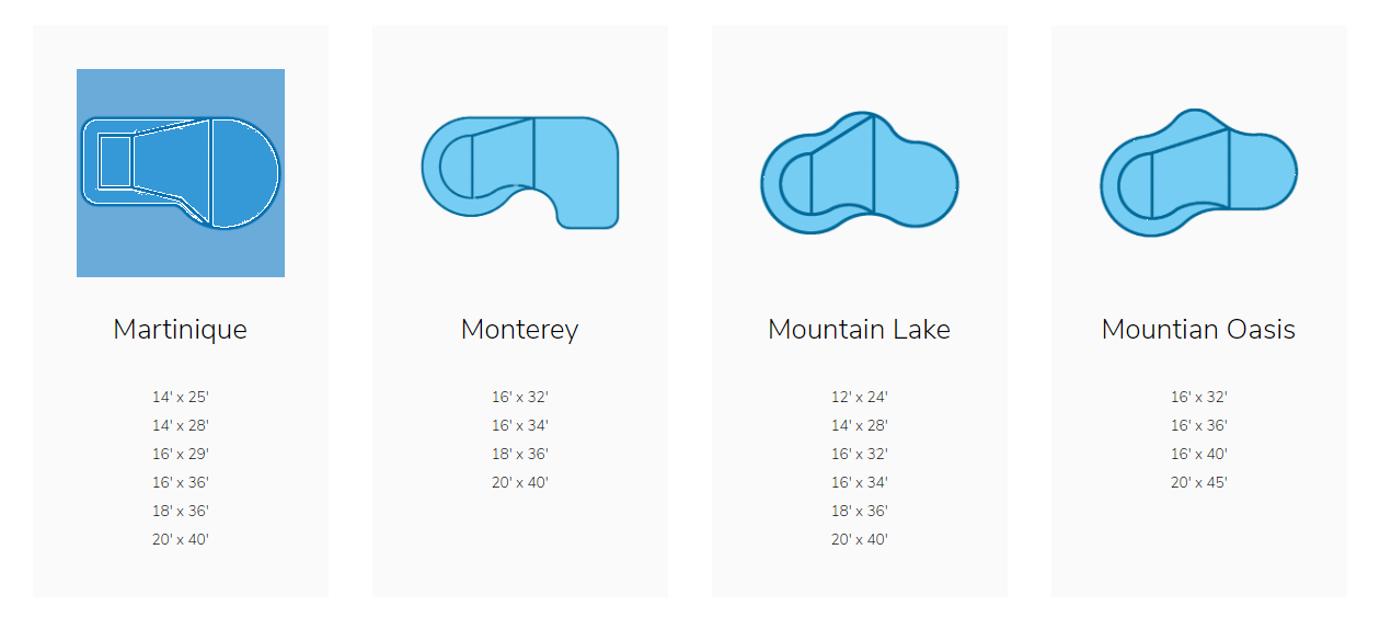 Four blue swimming pool shape options with dimensions listed below each, displayed on a light background.