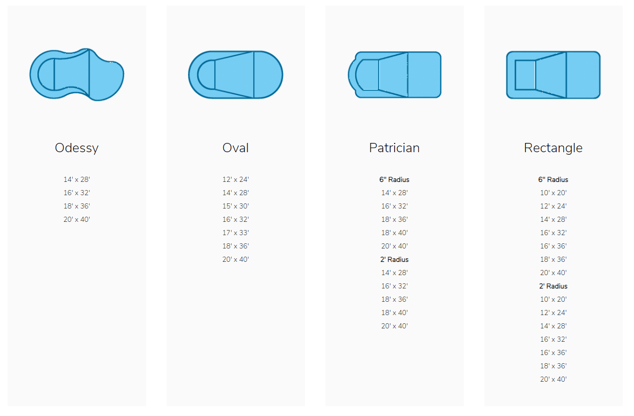 A chart showing four swimming pool shapes with available dimensions for each design.