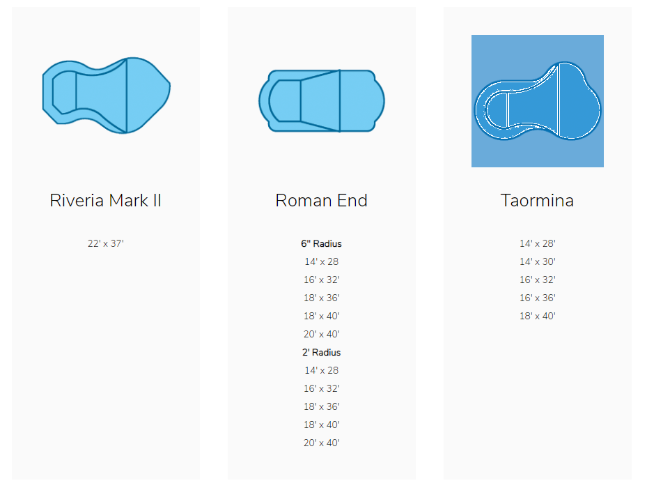 Three pool shape options—Riveria Mark II, Roman End, and Taormina—displayed with their available dimensions.