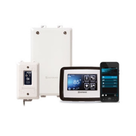 A Hayward OmniLogic pool automation system featuring a wall-mounted controller, relay box, remote display, and smartphone.