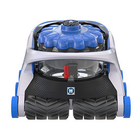 A blue and silver automatic pool cleaner with black treaded wheels, viewed from the front.