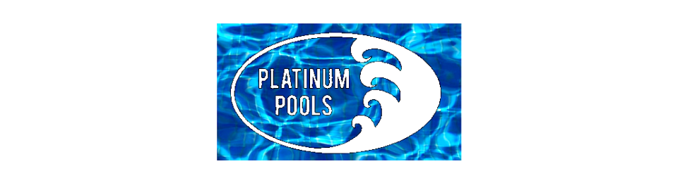Logo for Platinum Pools featuring white text and a wave graphic inside an oval set against a blue water texture background.