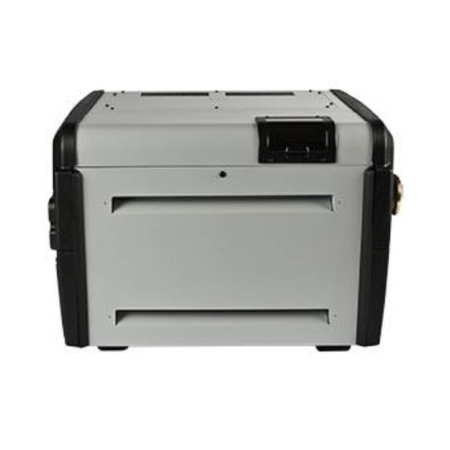 A light gray, rectangular portable electric cooler with black corner accents and a digital display on the lid.