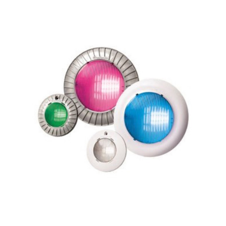 Four pool lights in various sizes and colors, including green, pink, blue, and white, arranged on a white background.
