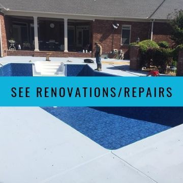 A worker stands by a swimming pool under renovation, with a blue banner reading 