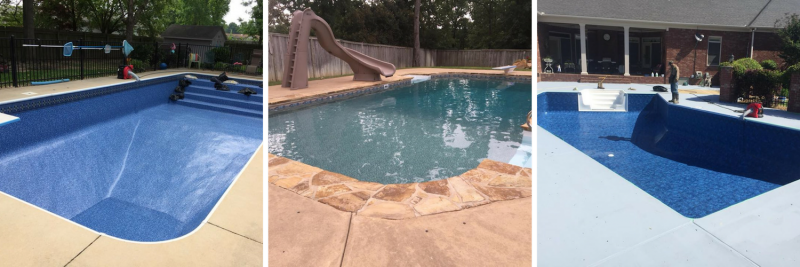 Three images showing a backyard swimming pool, featuring blue tiled interiors, a water slide, and stone-tiled decking.