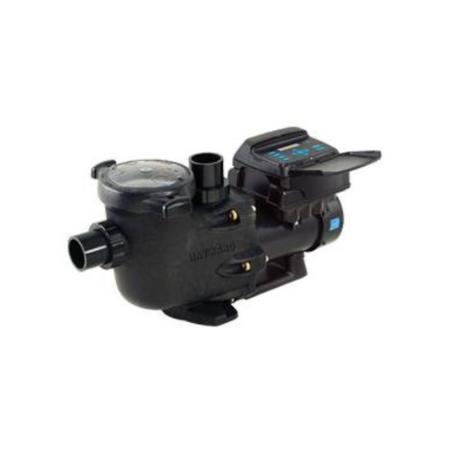 A black swimming pool variable speed pump with a clear filter lid and a digital control panel on top.