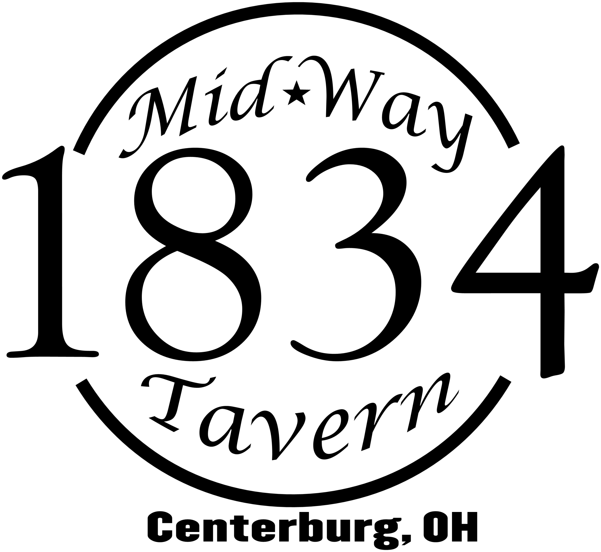 a black and white logo for midway 1834 tavern in centerburg , oh .