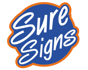 a blue and orange logo for sure signs