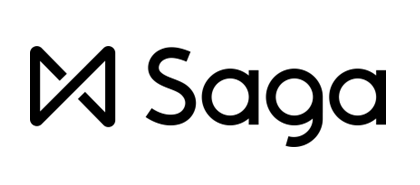 A black and white logo for saga solutions on a white background.