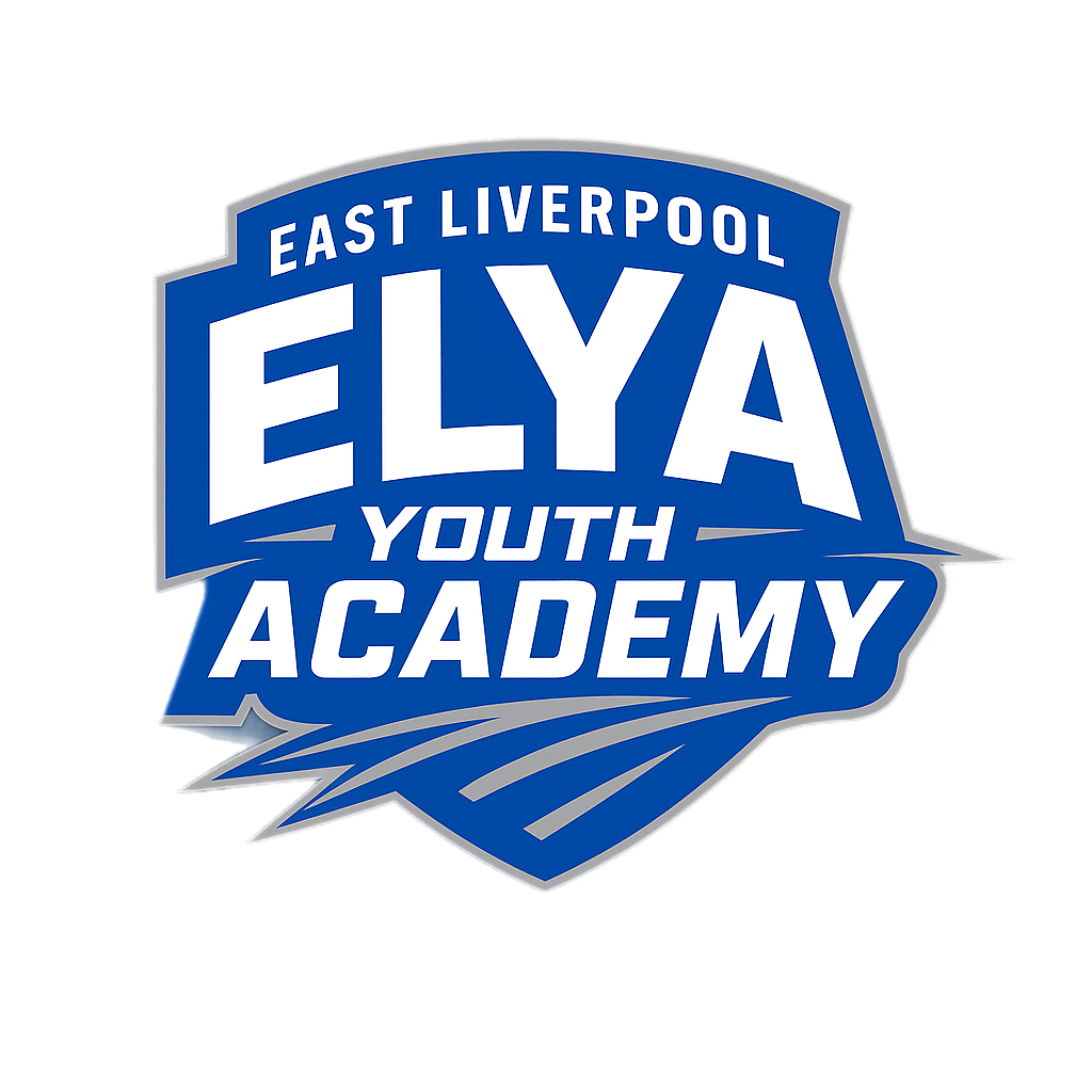 East Liverpool ELYA Youth Academy blue logo with shield and bold white lettering