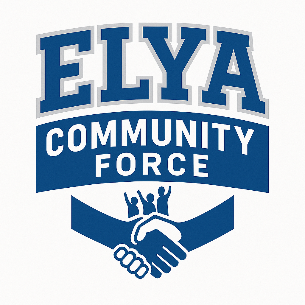 ELYA Community Force logo with blue handshake and raised hands emblem