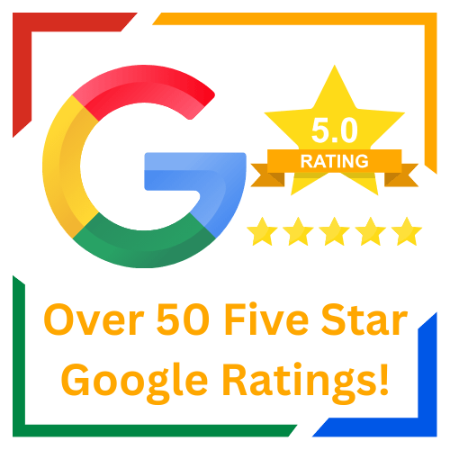 A google logo that says over 50 five star google ratings