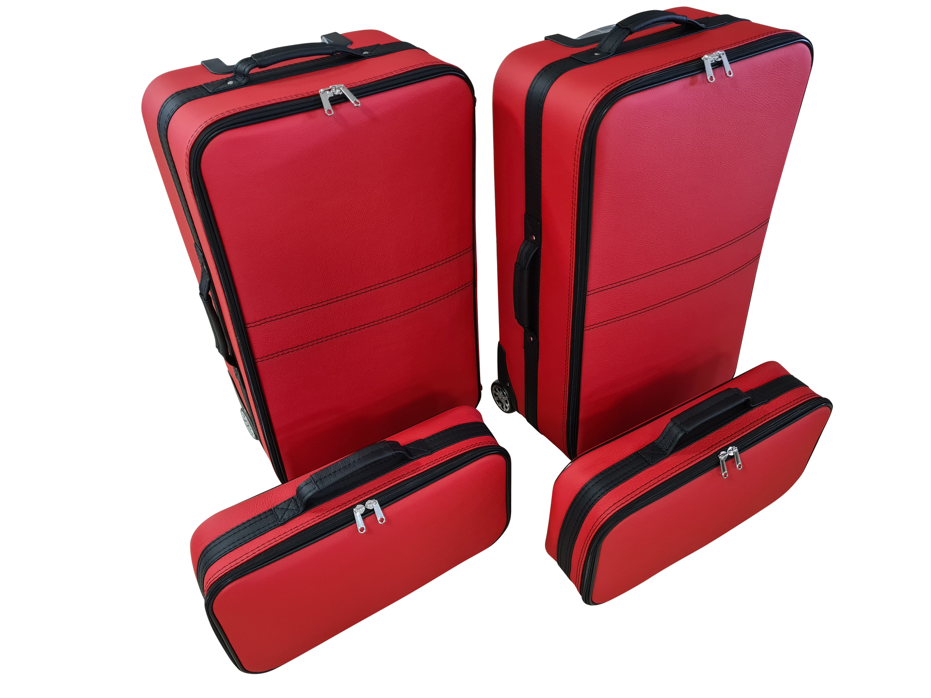 Een set rode koffers met zwarte biezen op een witte achtergrond