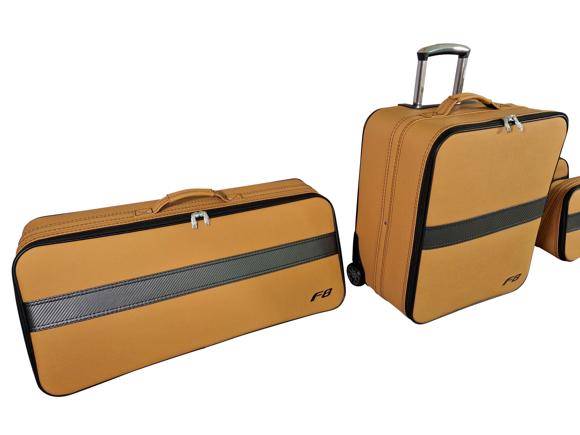 Een set van drie bruine koffers met wielen op een witte achtergrond