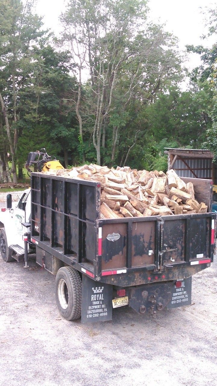 Small dump trailer loaded with chopped wood, parked on a gravel area by trees. Small dump trailer loaded with chopped wood, parked on a gravel area by trees.