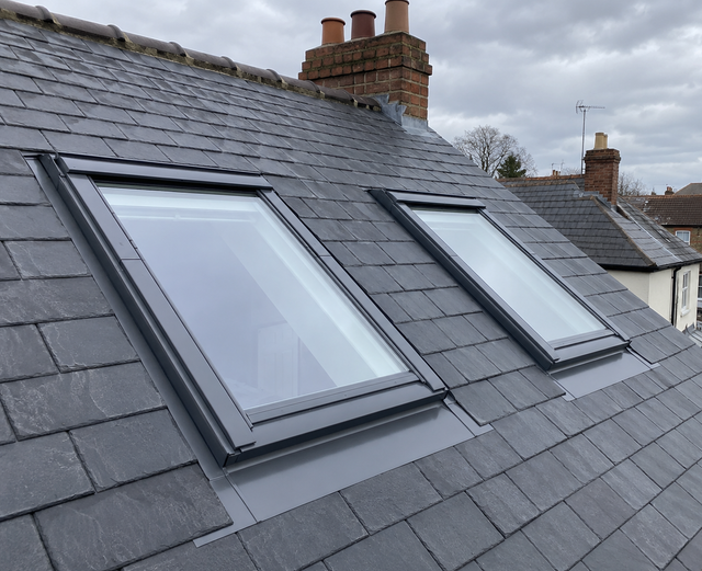 Two roof windows fitted into a slate roof with new flashing kits
