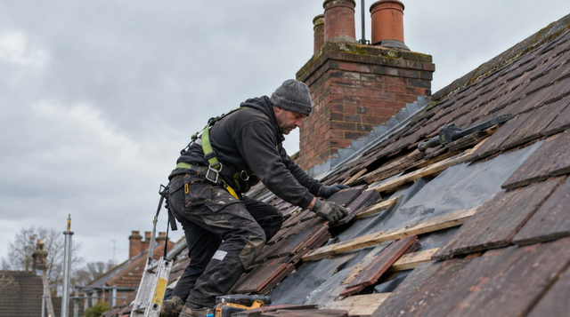 A roofer from Roofers Manchester replacing broken roof tiles