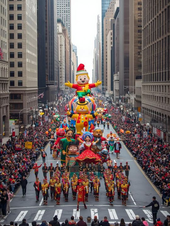 Macy's Thanksgiving Day Parade: Giant balloons, marching bands, and crowds fill a city street.