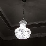 A tiered, circular crystal chandelier hangs from a dark ceiling, glowing with bright, white light.