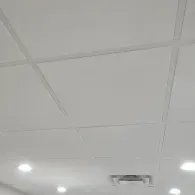 A white drop ceiling with grid panels, recessed lights, and a central air vent.