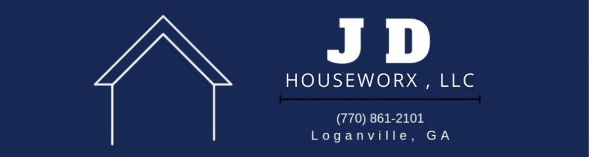 Logo for JD Houseworx, LLC in Loganville, GA, featuring a white house outline on a dark blue background.