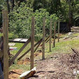 A row of wooden fence posts installed in a grassy outdoor area with slanted support beams attached to each post.