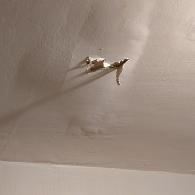 A close-up of a damaged ceiling with peeling white paint and exposed plaster.