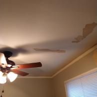 Ceiling showing large areas of damaged, peeling paint, indicating potential water damage.