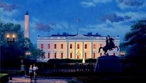 A painting of the white house at night with a statue in front of it