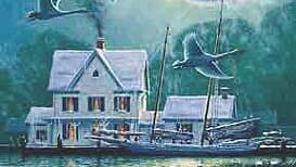 A painting of a house surrounded by water and birds flying over it