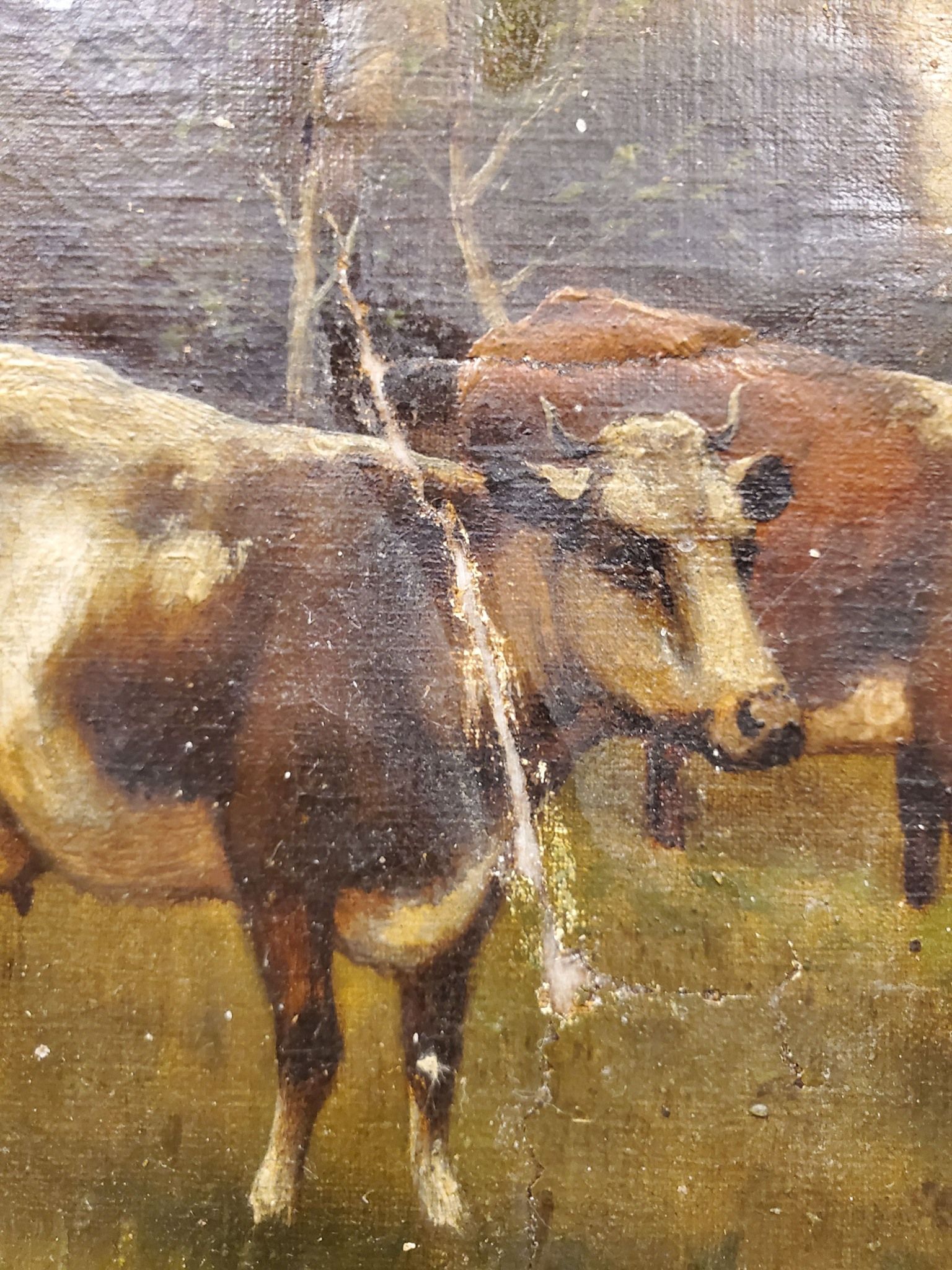 A painting of a herd of cows standing in a field
